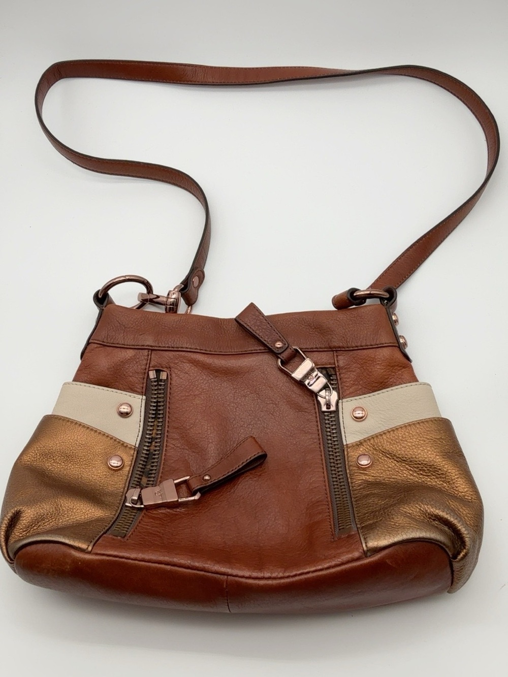 B. Makowsky Genuine Leather Brown Bronze Colorblock Crossbody Shoulder Bag